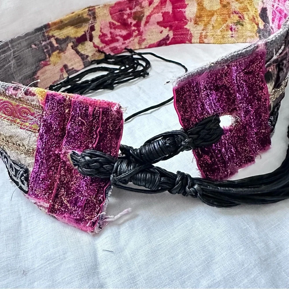Artisan Floral Tapestry Tie Belt Pink and Black & Gold Accents Handmade Signed
